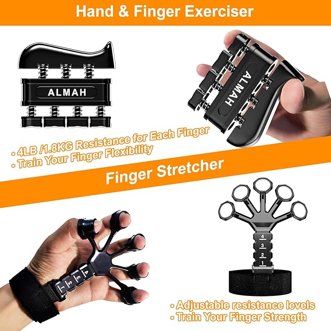 ALMAH Hand Grip Strengthener kit(5 Pack),Grip Strength Trainer,Forearm Workout Trainer Adjustable Grip Exercises,Finger Grip Strengthener,Finger Stretcher,Grip Ring & Stress Relief Ball with Carry Bag
