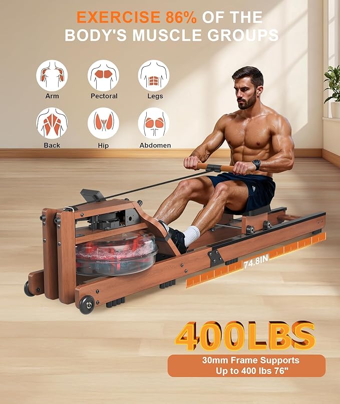 Rowing Machines for Home,Water Rowing Machine with Foldable Design,400LBS Capacity,LCD Monitor,Smooth Glide Rails,Comfortable Seat,Free App(Bluetooth) Supported for Immersive Water Rower&Home Gym