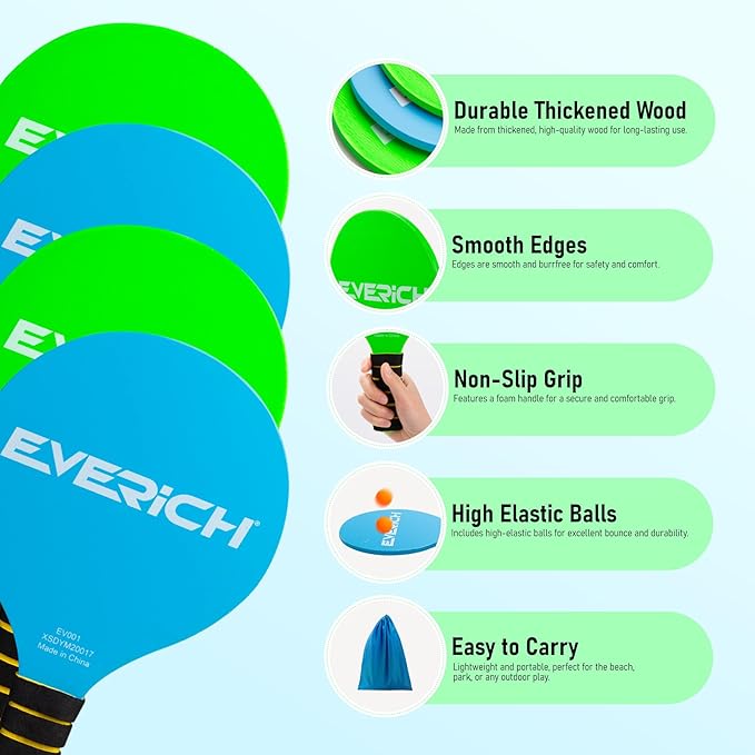 EVERICH TOY Paddle Ball Set, Badminton Set 4 Rackets, Great Gifts Easter Basket Stuffers for Kids Teens Adults and Family, Fun for Beach, Yard, and Lawn Play All Year Round