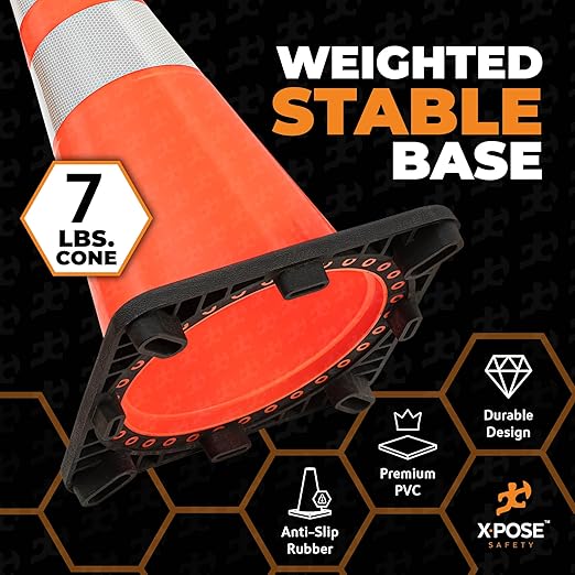 Xpose Safety 28 Inch Orange Traffic Cones with 6" & 4" Collar, 8-Pack - Multipurpose PVC Plastic Safety Cone for Parking, Soccer, Caution, Kids and Construction - DOT Approved