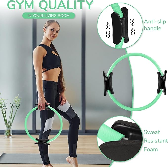 TOPZGLEEY Pilates Ring Set – 14" Anti-Deformation Magic Circle with Padded Handles, Mini Ball, 5 Resistance Bands, Guide, Pilates Equipment for Home Workout