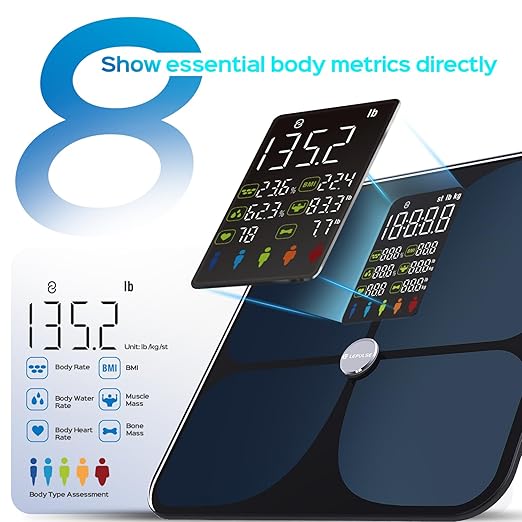 Lepulse Smart Scale for Body Weight, Digital Bathroom Weight Scale with BMI Muscle Mass 20 Body Composition Metrics, Large Display Body Fat Scales, Heart Rate, Accurate Bluetooth Weighing with App