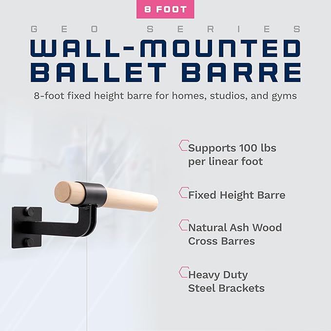 VITA Barre Wall-Mounted Single Ballet Barre, Geo, Wood | Fixed Height, Made in USA, Home, Studio or Gym Exercise Equipment for Kids & Adults | Dance, Fitness, Pilates