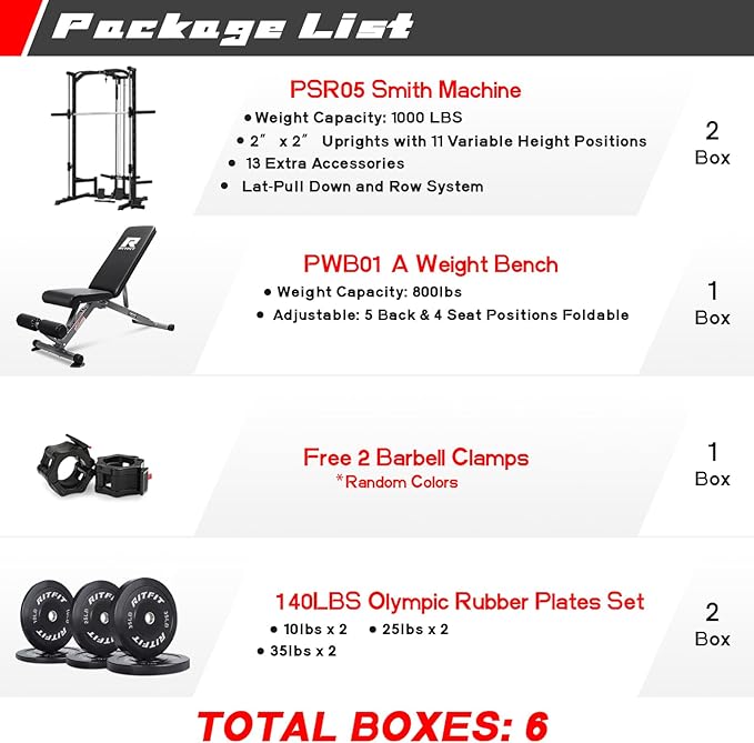 RitFit Smith Machine Power Rack with LAT-Pull Down System, Landmine, Barbell Bar, Plate Storage Pegs and More Training Attachment