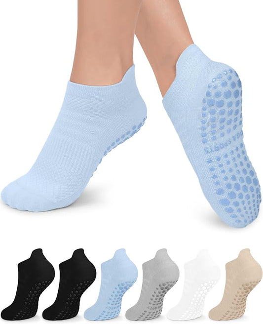 6 Pairs Grip Pilates Socks for Women, Non-slip Yoga Athletic Socks for Barre Ballet Barefoot Workout Hospital