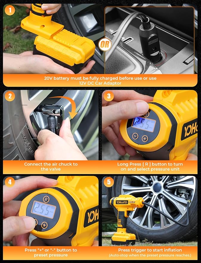 YOHOOLYO Tire Inflator Portable Air Compressor for Cars, 20V Cordless Rechargeable Battery Powered Electric Car Tire Air Pump Digital Pressure Gauge 12V DC Adaptor LED Light Auto Stop, 150PSI Yellow