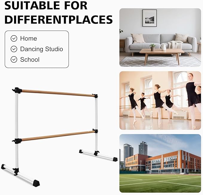 4FT/6FT Freestanding Ballet Barre Wood/Steel Height Adjustable from 7 to 46 inch Ballet Bar Portable Double Dance Bar for Home Workout and Stretch