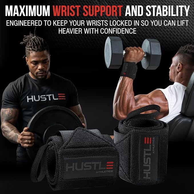 Hustle Athletics Wrist Wraps for Weightlifting, USPA-Approved Wrist Support Weight Lifting Wraps, Premium Hook-and-Loop, 12 in or 18 in Heavy-Duty Cotton-Elastic Support for Powerlifting & Bench Press