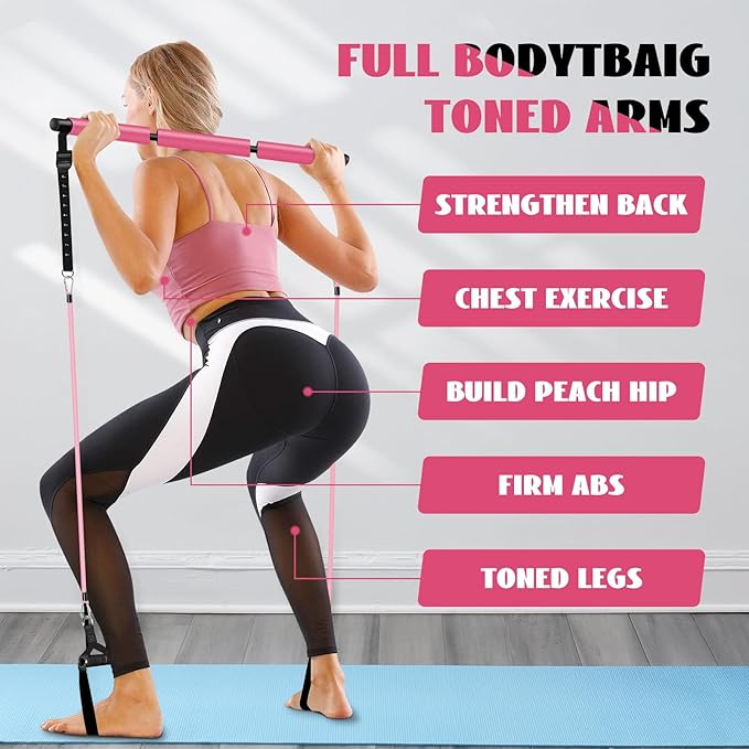 Pilates Bar Kit with Resistance Bands for Working Out, Pilates Equipment with Ab Roller for All Fitness Levels, Portable Home Gym Full Body Workout Equipment for Women&Men