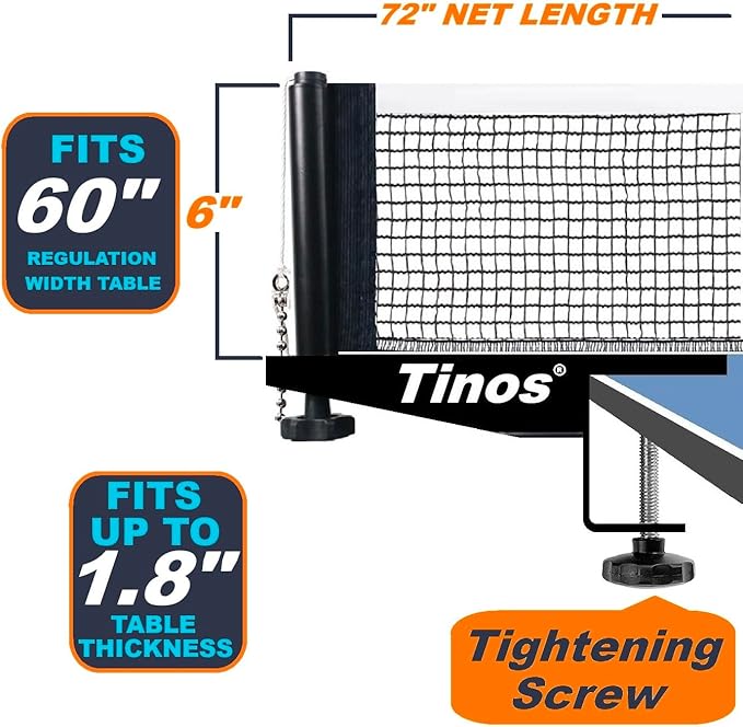 Tinos Professional Table Tennis Net fits 1.8" Maximum Table Thickness | Screw Clamp Ping Pong net & Post Set | Height and Tension adjustments