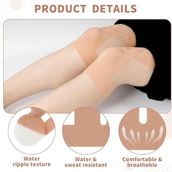 10PCS Kinesiology Tape for Knees, Kinesiology Tape Precut Strips for Knee Support & Stability, Waterproof Breathable Elastic Sports Tape for Pain Relief, Athletic Tape for Muscle & Joint, Beige