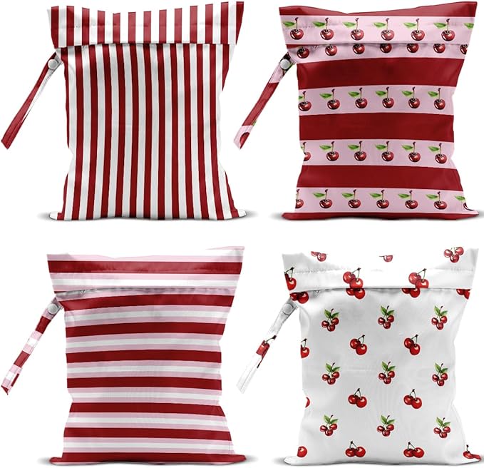 4 Pack Cute Striped Cherry Wet Bag Waterproof Washable Reusable Wet Dry Bag for Swimsuit Bathing Dirty Clothes Pump Parts Cloth Diaper Travel Beach Pool Yoga Gym Toiletries Travel Beach Essentials