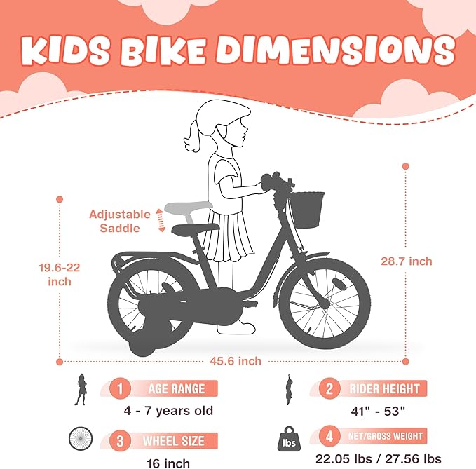 Kids Bike 16 inch Boys Girls Ages 4-7 Years Old Cruiser Bicycle with Woven Basket Single Speed for Youth Caliper Brake Band Brake Rear Rack Included Multiple Colors