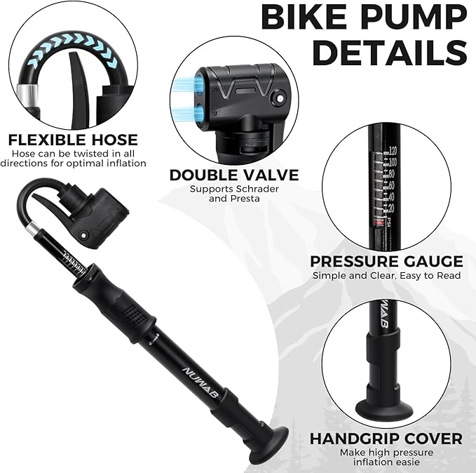 NUWAB Mini Bike Pump, 10 Inch Portable Hand Bicycle Pump, 100PSI, Support Shrader and Presta, Fast Air Out Ball Pump, Work with All Bikes and Balls, Swimming Ring, Come with Ball Needles, Nozzles