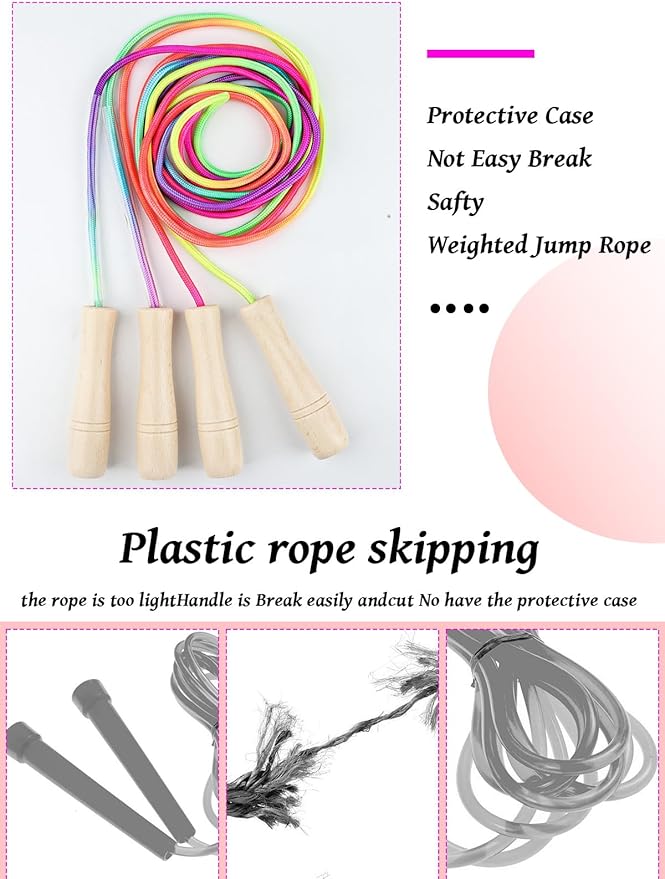 Jump Rope for Kids, Lorvain Adjustable Skipping Rope, Kids Jump Ropes with Wooden Handle for Girls Boys, Weighted Jumping Ropes for Fitness Workout Exercise Outdoor Fun Activity