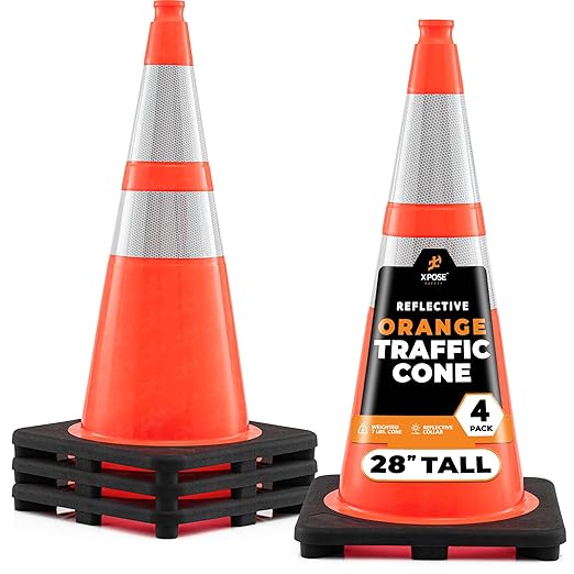 Xpose Safety 28 Inch Orange Traffic Cones with 6" & 4" Collars, 4-Pack - Multipurpose PVC Plastic Safety Cone for Parking, Soccer, Caution, Kids and Construction - DOT Approved