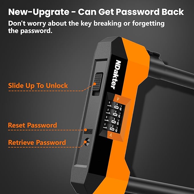 NDakter Bike Locks Heavy Duty Anti Theft，18mm Bicycle Combo U Lock with 5FT Cable, 4-Digit Resettable Combination Electric Scooter Lock with 2Keys and Bracket for Tricycle, Moped, Motorcycle (Orange)