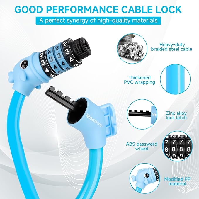 Bike Lock, 3.9 Feet 4-Digit Resettable Combination Password Anti-Theft Cable Lock, Cute Coiled Bike Lock with Mounting Bracket, Suitable for Bicycles, Electric Scooters, Ebikes (Blue-10mm)