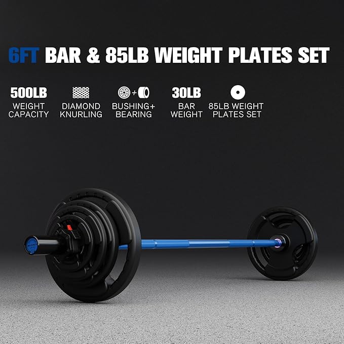 RitFit Barbell Weight Set - 4/6FT Olympic Barbell with Weight Plates (55-275LB Total) - Weightlifting Equipment for Squats, Curls, Deadlifts, Presses, Hip Thrusts