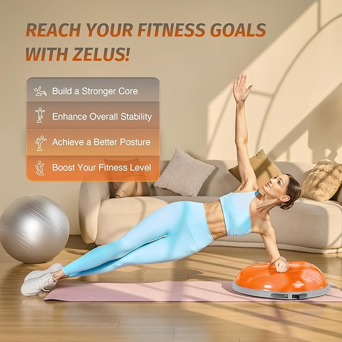 ZELUS 25in. Balance Ball | 660lb Inflatable Half Exercise Ball Wobble Board Balance Trainer w Nonslip Base | Half Yoga Ball Strength Training Equipment w 2 Bands, Pump, Extra Ball Included
