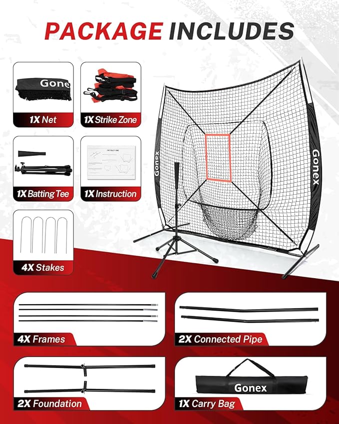 Gonex 7' x 7' Baseball Softball Practice Net Set with Batting Tee for Hitting and Pitching Batting, Practice Training Aid, with Strike Zone, Large Mouth, Bow Frame, Carrying Bag