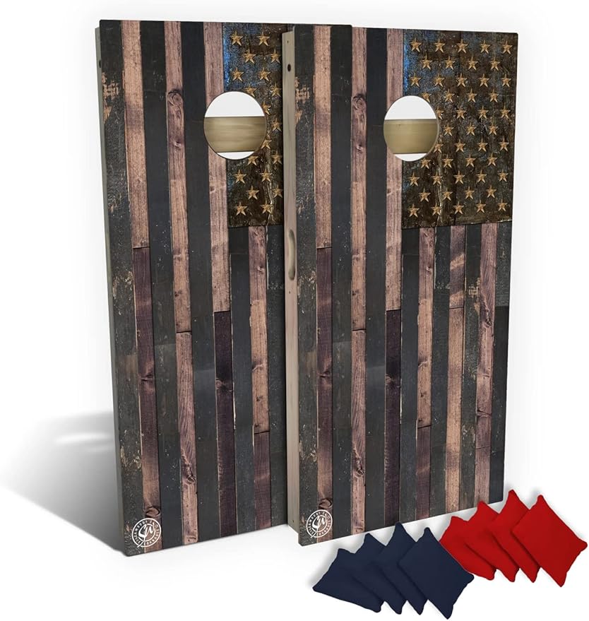 Slick Woody's Professional-Grade Cornhole Boards - 4'x2' Solid Wood Regulation Woodgrain Flag Bean Bag Toss Game with 8 Resin Filled Bags