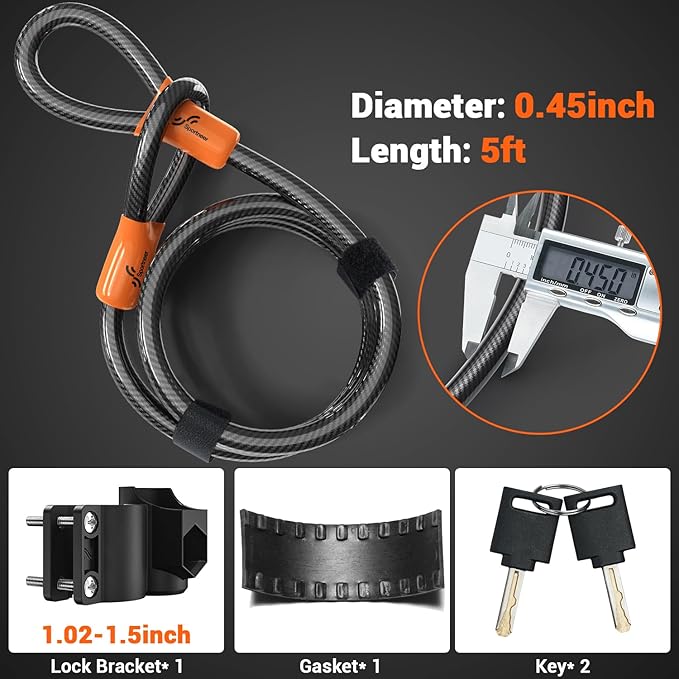 Sportneer Bike U Lock - Heavy Duty Anti Theft Bike Lock with 5ft Security Steel Cable - 17mm Shackle Bicycle U-Locks with Keys & Sturdy Mounting Bracket for Road, Mountain, Electric Bike - Orange