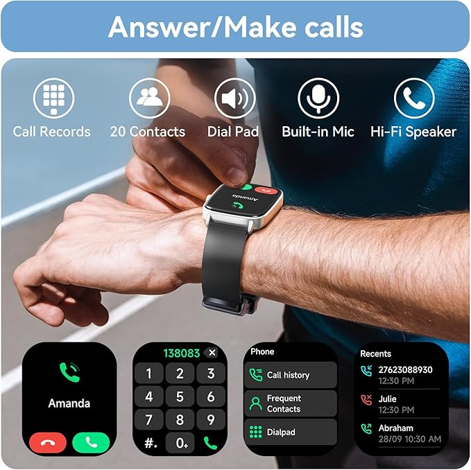 Tensky Smart Watch for Men/Women Android & iPhone, 1.85" Touch Screen Fitness Tracker with Answer/Make Call, IP68 Waterproof Heart Rate/SpO2/Sleep Monitor, Pedometer, 100+ Sport Modes (2 Bands)