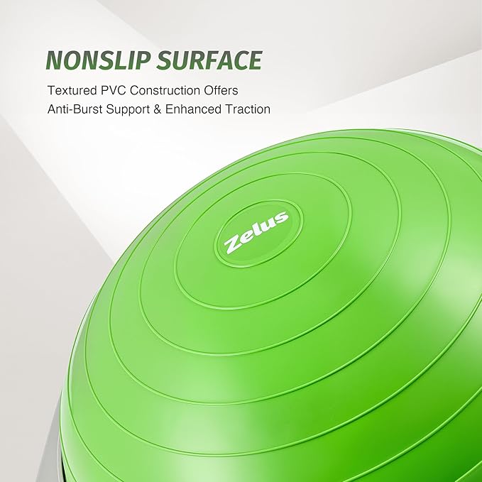 ZELUS 25in. Balance Ball | 660lb Inflatable Half Exercise Ball Wobble Board Balance Trainer w Nonslip Base | Half Yoga Ball Strength Training Equipment w 2 Bands, Pump, Extra Ball Included