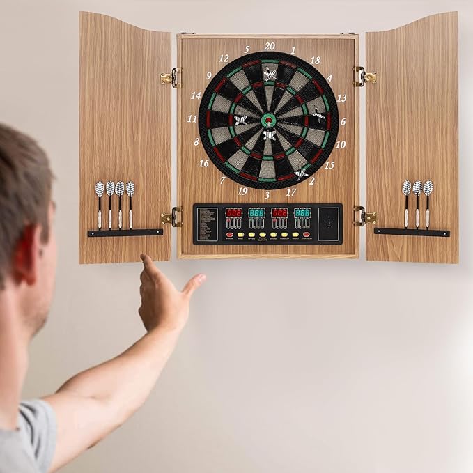 Electronic Dartboard Cabinet Set 4 LED Digital Scoreboards Dart Board with Built-in Cabinet and Dart Storage for 12 Soft Tip Darts Up to 16 Players Over 27 Games with 243 Options for Adults