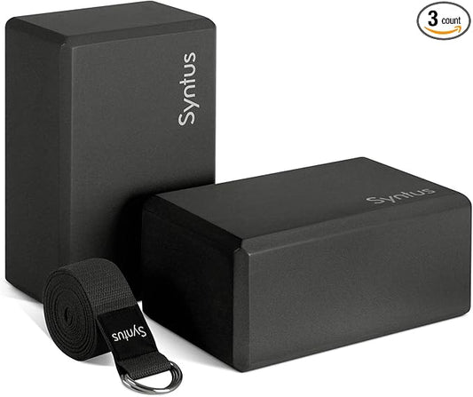 Syntus Yoga Block and Yoga Strap Set, 2 Soft Non-Slip Yoga Blocks 9×6×4 inches, 8FT Metal D-Ring Strap for Yoga, General Fitness, Pilates, Stretching and Toning