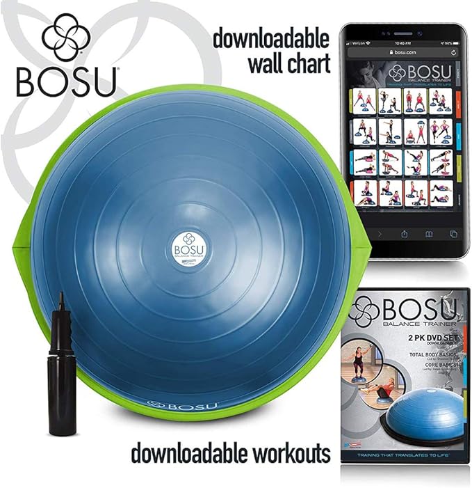 Bosu Balance Ball Exercise Trainer, Home Gym Equipment w/ Guided Workouts & Pump, 26", Blue - Inflatable Fitness Platform for Strength Training, Standing, Balancing, and Core Workout