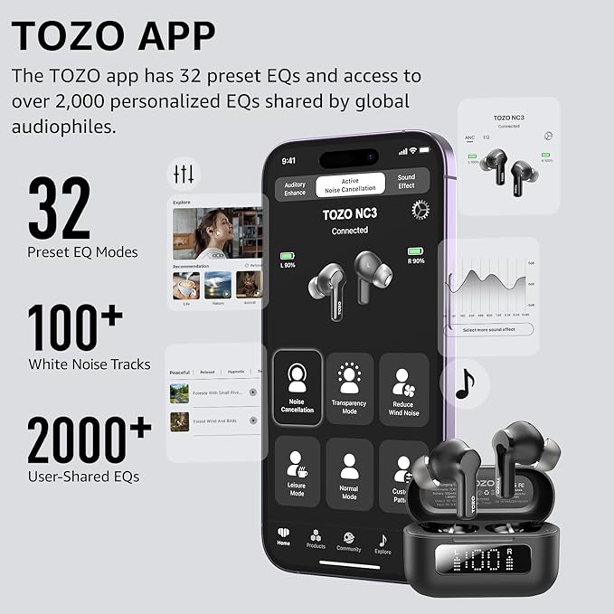 TOZO NC3 Hybrid Active Noise Cancelling Wireless Earbuds with 6 Mics AI Clear Call Ear Buds 55H Playtime with LED Display 32 Preset EQs via APP Bluetooth 5.3 IPX8 Waterproof in Ear Headphones