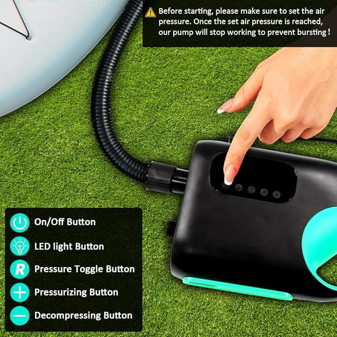 20PSI Paddle Board Pump-Portable Electric SUP Air Pump, Dual Stage Inflation & Deflation SUP Pump, 110W Paddleboard Pump with Auto-Off Function & 12V DC Car Connector for Paddle Board, Kayaks