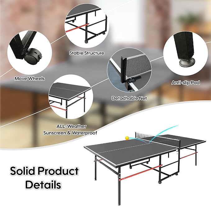 8X4FT Ping Pong Table for Indoor/Outdoor, Foldable Mid-Size Table Tennis Table with Net, 2 Table Tennis Paddles and 3 Balls - Easy Assembly - Tournament Quality - Perfect for Family Game Rooms