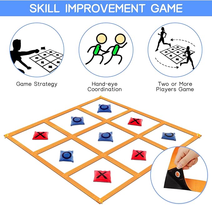 Giant Tic Tac Toe Strap Game Indoor Outdoor, 4 Ft X 4 Ft Portable Tic Tac Toe Bean Bag Toss Game, Large Yard Toss Game Tic Tac Toss Across Camping Games for Kids & Families -Orange