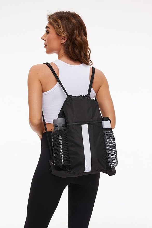 BeeGreen Drawstring Backpack Bag with Shoe Compartment, X-Large Black Gym Sports String Cinch Backpack