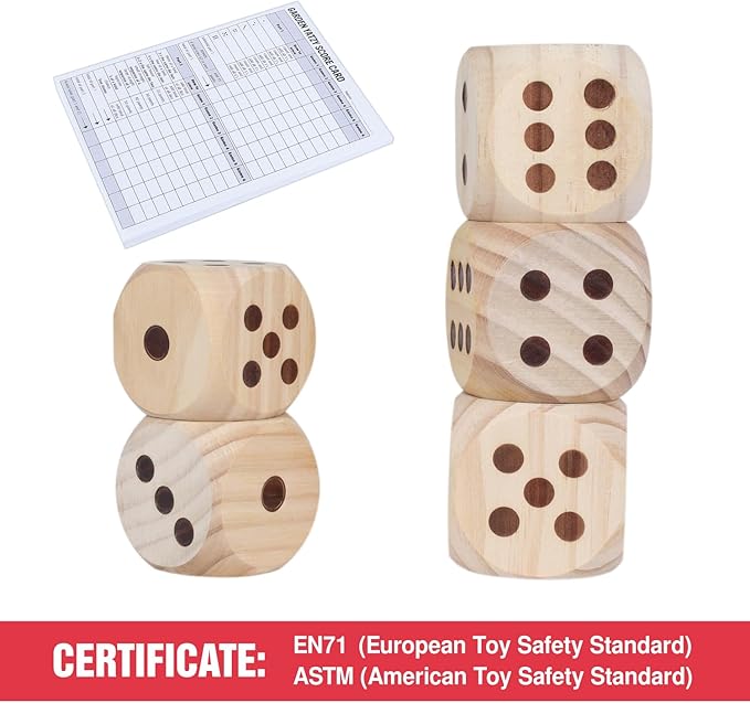 GOTHINK Large Wooden Yard Dice Game Set, Get The Party Started with 5 PCS Wooden Yard Dices - 2.1 Inches, Perfect for Outdoor Fun and Games, Includes Scoreboard and Storage Box