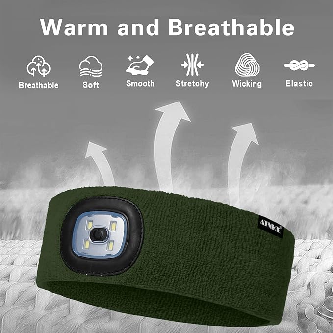 ATNKE 4 LED Lighted Sport Sweatband,USB Rechargeable Running Head Band Lamp High Stretch Wicking Gifts for Men and Women