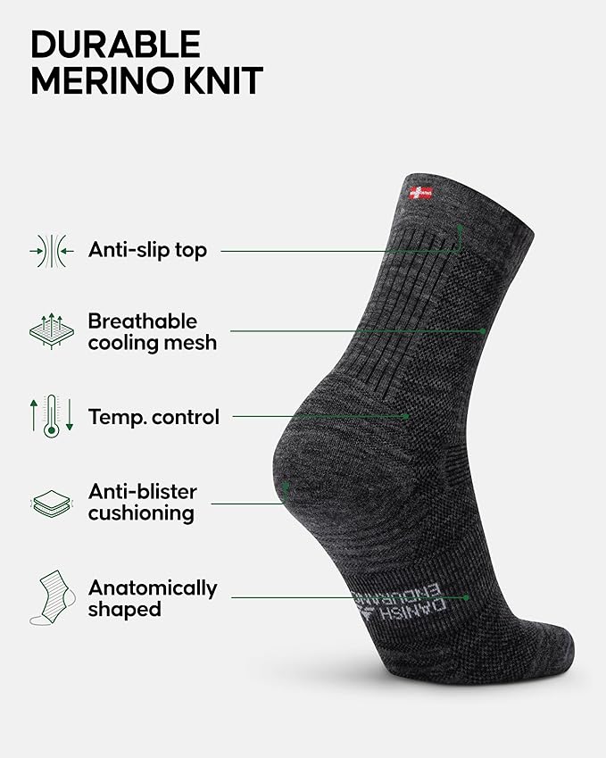 DANISH ENDURANCE Light Hiking Socks, Merino Wool Socks, Anti Blister, Sweat Wicking, Breathable, Men & Women, 3 or 5-Pack
