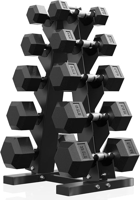 PAPABABE Dumbbell Set with Rack, Rubber Encased Hex Dumbbell Free Weights Dumbbells Set with Storage Rack, Home Weight Set