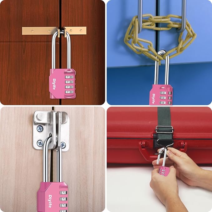 2.6 Inch Long Shackle Combination Lock, Diyife 4-Digit Outdoor Waterproof Padlock, Plated Steel Combination Clasp with High Security, Schools, Gyms & Lockers, Pink