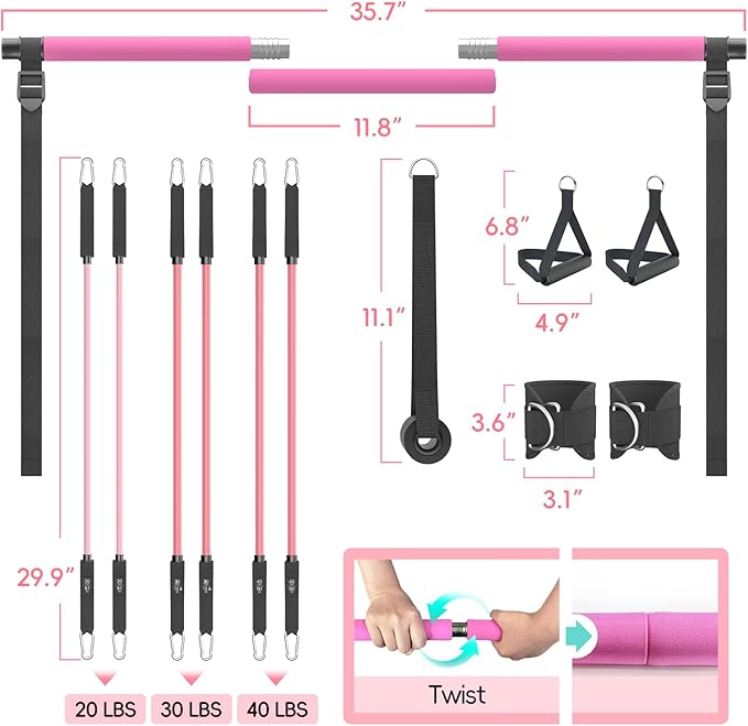 Pilates Bar Kit with Resistance Bands, Portable Pilates Bar for Home Gym Yoga & Full Body Workouts, Pilates Equipment for Women & Men, Fitness Set for Strength Toning Stretching Flexibility Training