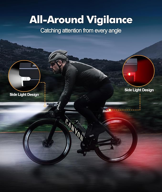 3+6 Modes Bike Lights for Night Riding with Side Light, Rechargeable & IP65 Waterproof Bicycle Light, Bike Headlight and Tail Light Set for Road/Mountain/Kids Bike Cycling Accessories