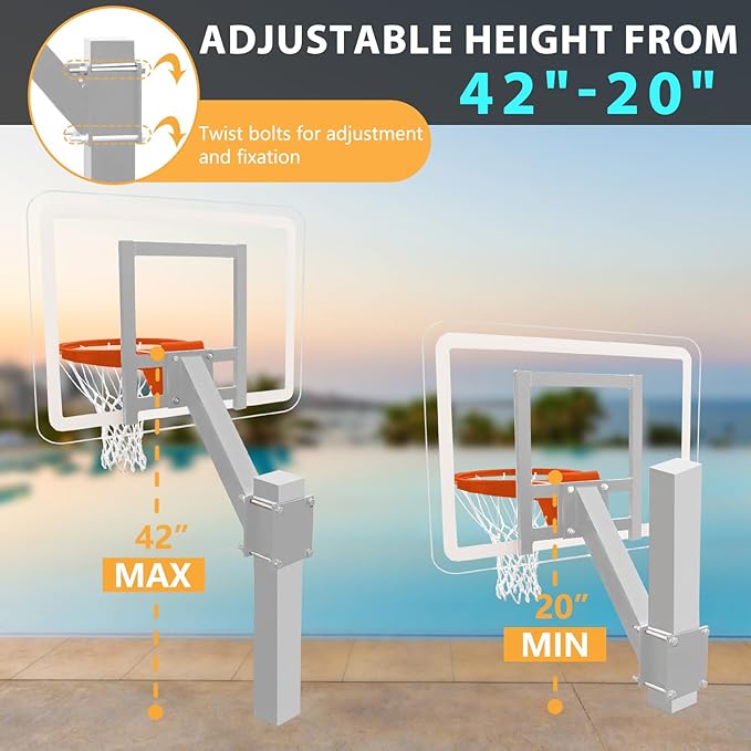 PROGOAL Aluminum Shot and Dunk Poolside Basketball Hoop - In Ground Removable Rust-Resistant Adjustable Height Pool Basketball Game System with Clear Backboard 1/2 Springs Rim and Three Balls