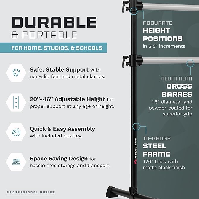 VITA Barre Portable Freestanding Double Ballet Barre, Professional | Adjustable Height, Made in USA, Home or Gym Exercise Equipment for Kids & Adults | Dance, Fitness, Pilates