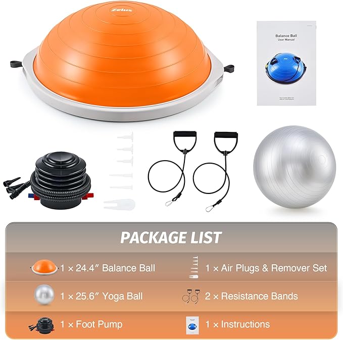 ZELUS 25in. Balance Ball | 660lb Inflatable Half Exercise Ball Wobble Board Balance Trainer w Nonslip Base | Half Yoga Ball Strength Training Equipment w 2 Bands, Pump, Extra Ball Included