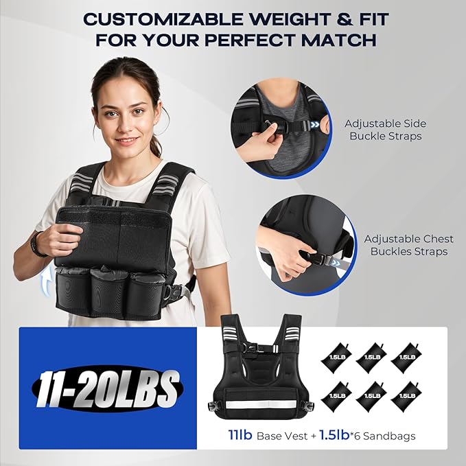 Adjustable Weighted Vest, 4-10lb/11-20lb Body Weight Vest with Touchscreen Phone Holder & 6 Ironsand Weights for Women & Men, Workout Equipment for Weight Loss, Fitness, Walking, Running, Cardio, Strength Training