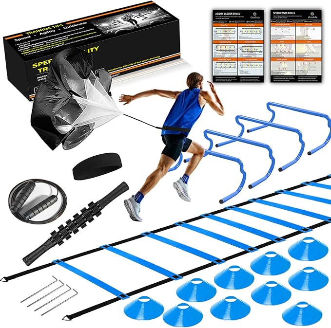 Agility Ladder Speed Training Equipment Set-20ft Agility Ladder 4 Adjustable Hurdles Running Parachute Jump Rope Speed Training Equipment for Soccer Football Basketball