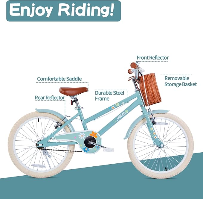 JMMD Girls Bike for 4-12 Years Old Kids, 12 14 16 18 20 24 Kids Bike with Training Wheels, Basket and Doll Seat, Toddler Girls Bicycles with Handbrake & Kickstand, Multiple Colors